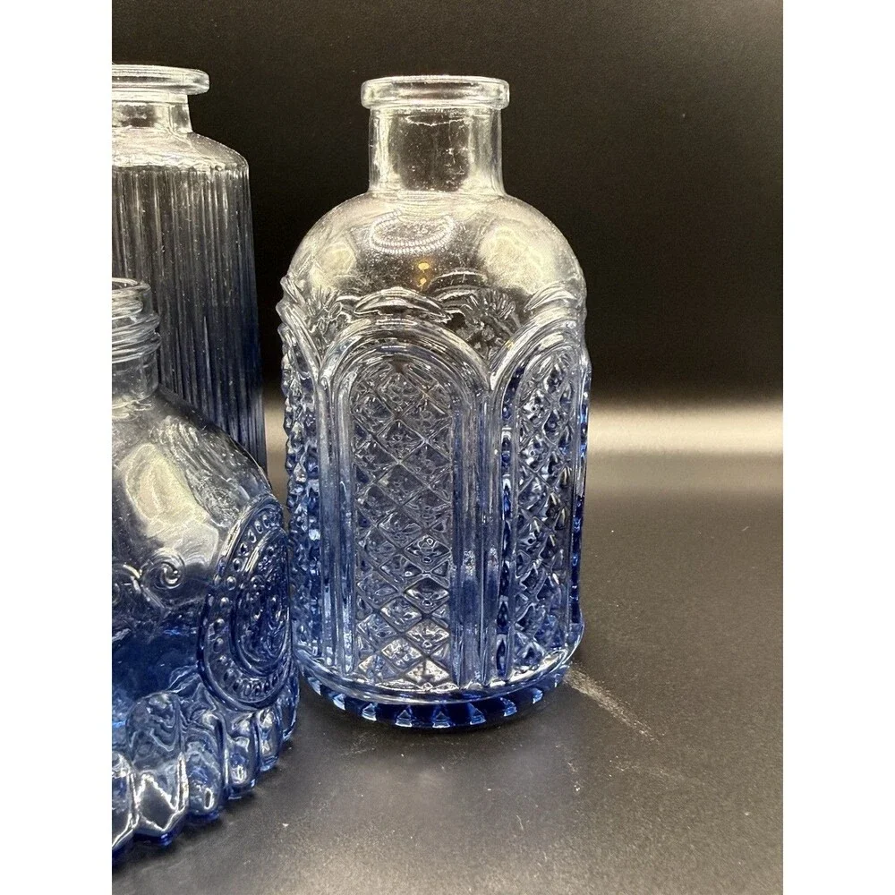 Lot Of 3 Vintage Style Blue Glass Bud Vases Bottles Shabby Chic Cottagecore